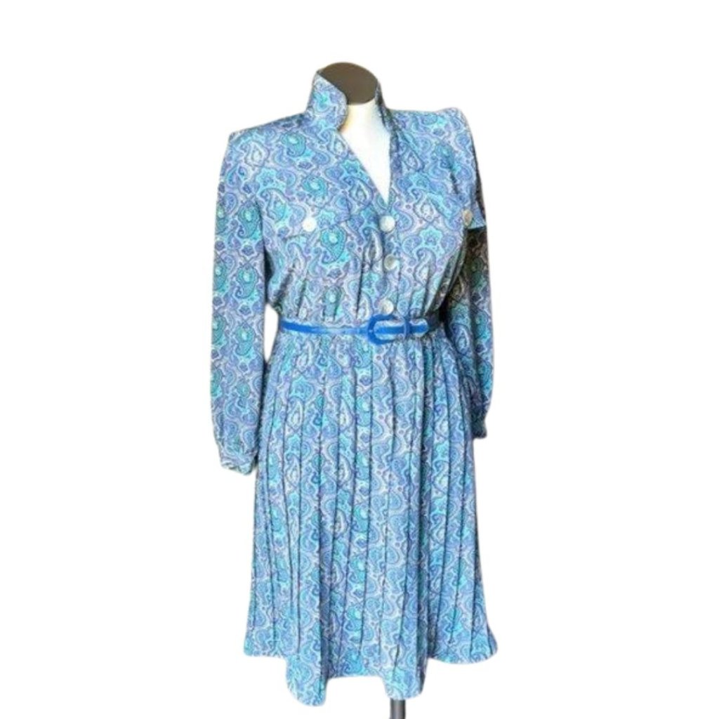 Vintage 1970’s Shrader Paisley Psychedelic Dress Size 10 Blue Purple Paisley